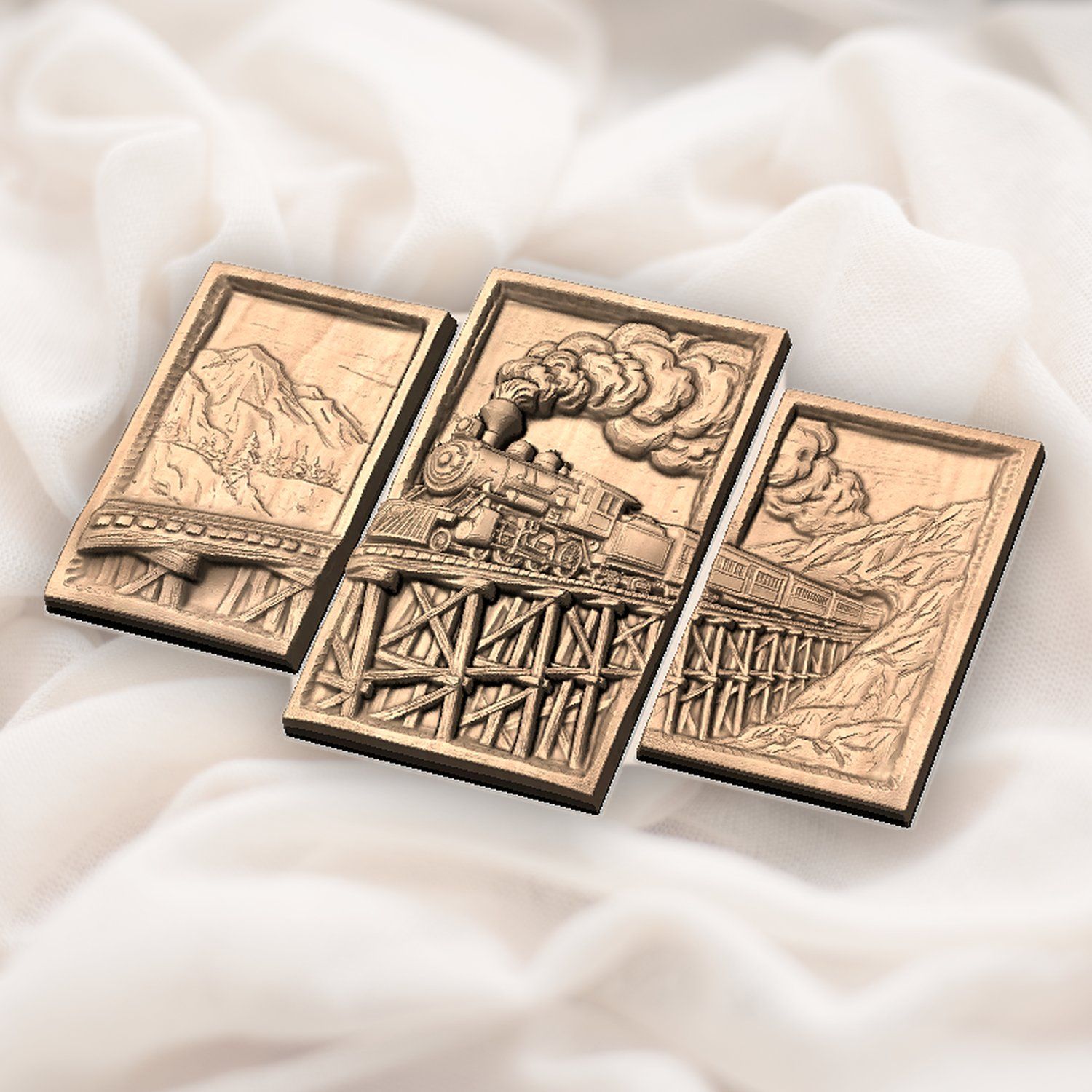 Vintage Steam Train Mountain Trestle Decor Panels 3 Stepped Vertical CNC Relief STL bas-relief STL — view 5