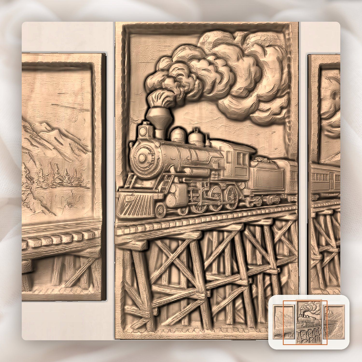 Vintage Steam Train Mountain Trestle Decor Panels 3 Stepped Vertical CNC Relief STL bas-relief STL — view 6