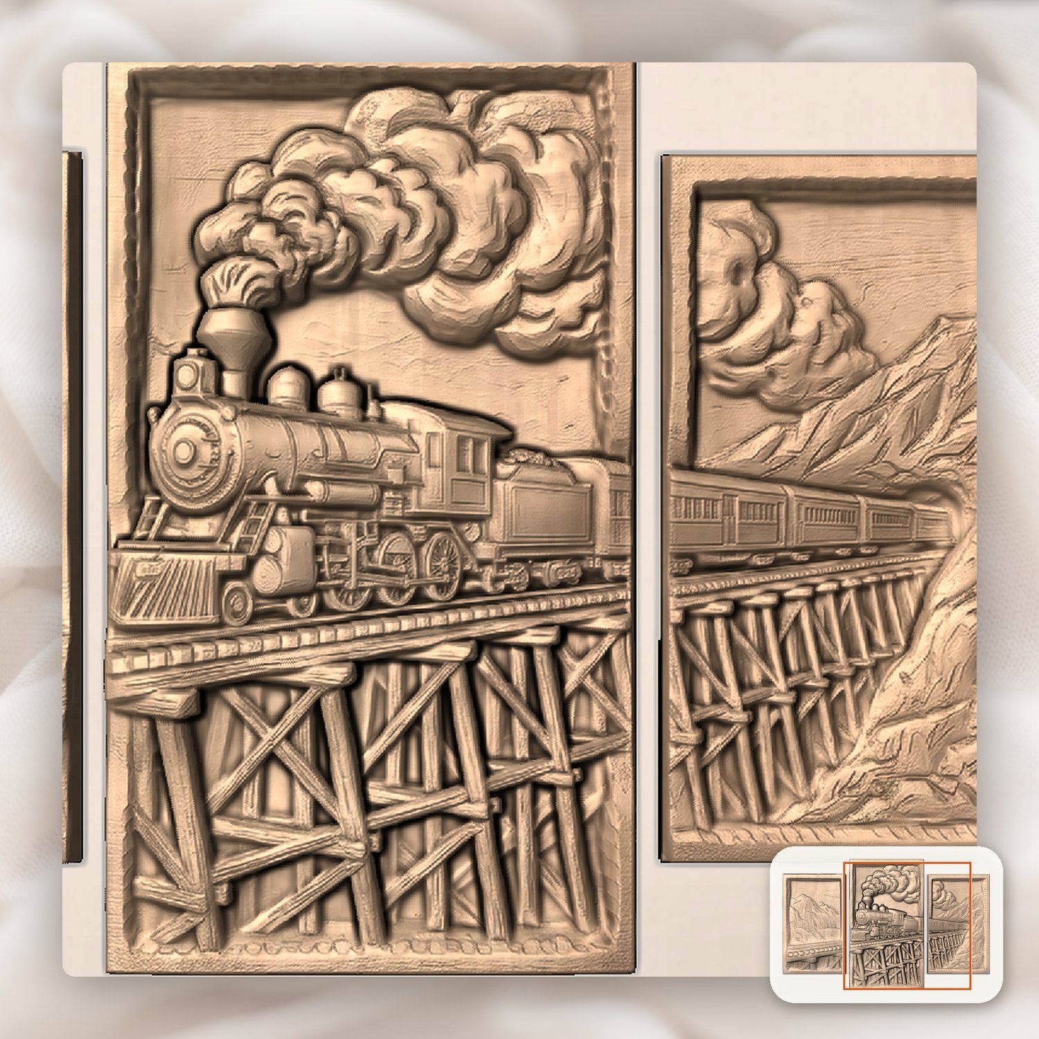 Vintage Steam Train Mountain Trestle Decor Panels 3 Stepped Vertical CNC Relief STL bas-relief STL — view 7