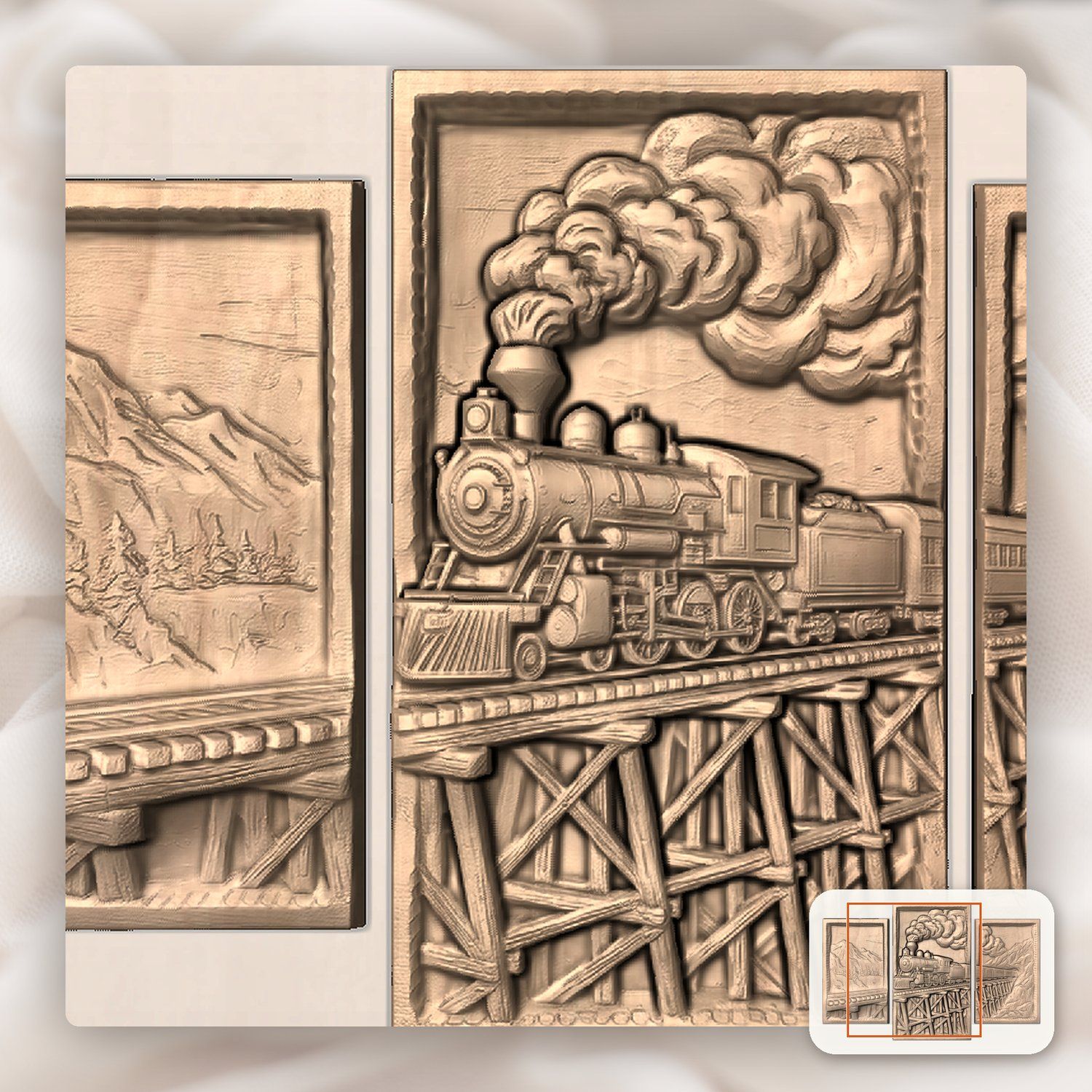 Vintage Steam Train Mountain Trestle Decor Panels 3 Stepped Vertical CNC Relief STL bas-relief STL — view 8