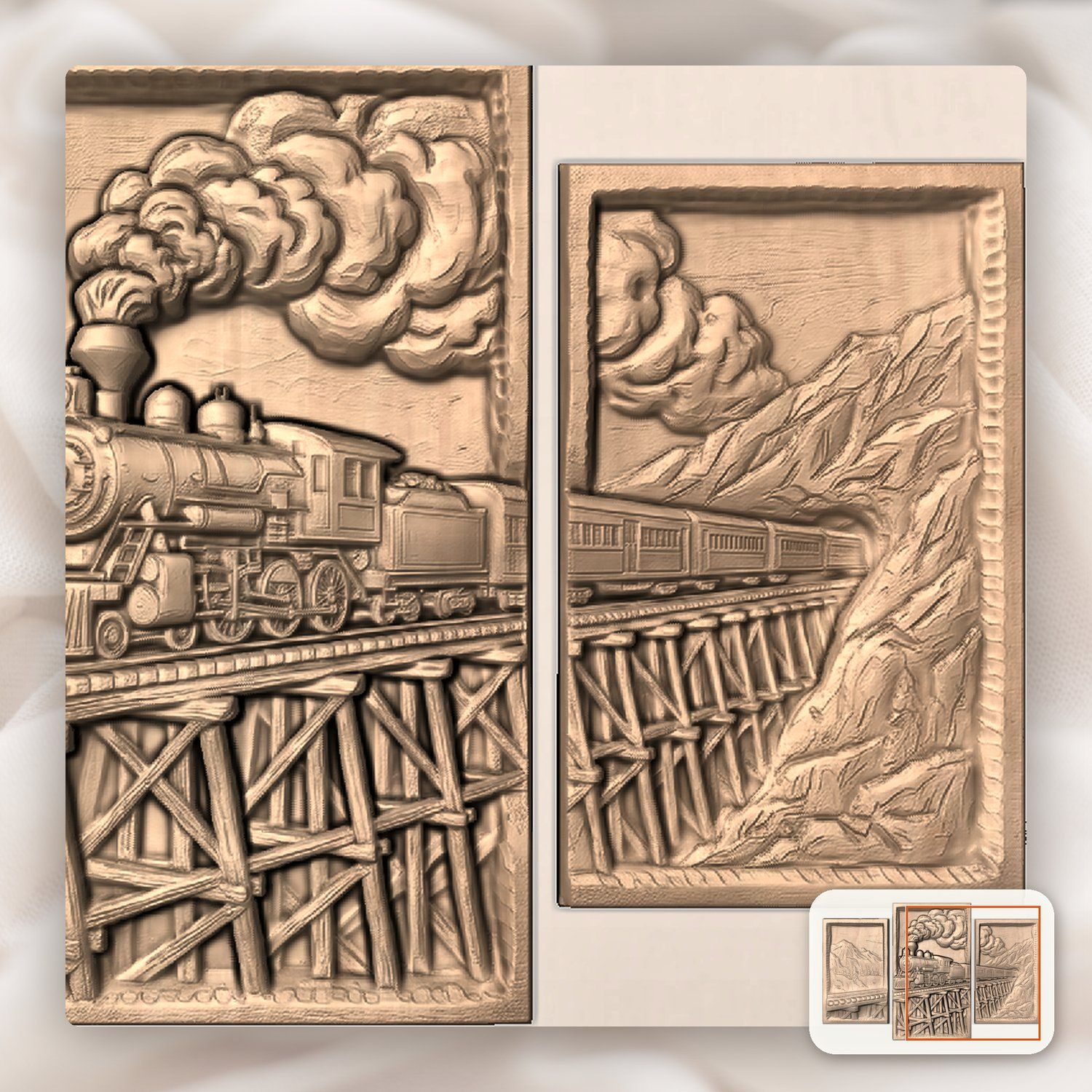 Vintage Steam Train Mountain Trestle Decor Panels 3 Stepped Vertical CNC Relief STL bas-relief STL — view 9