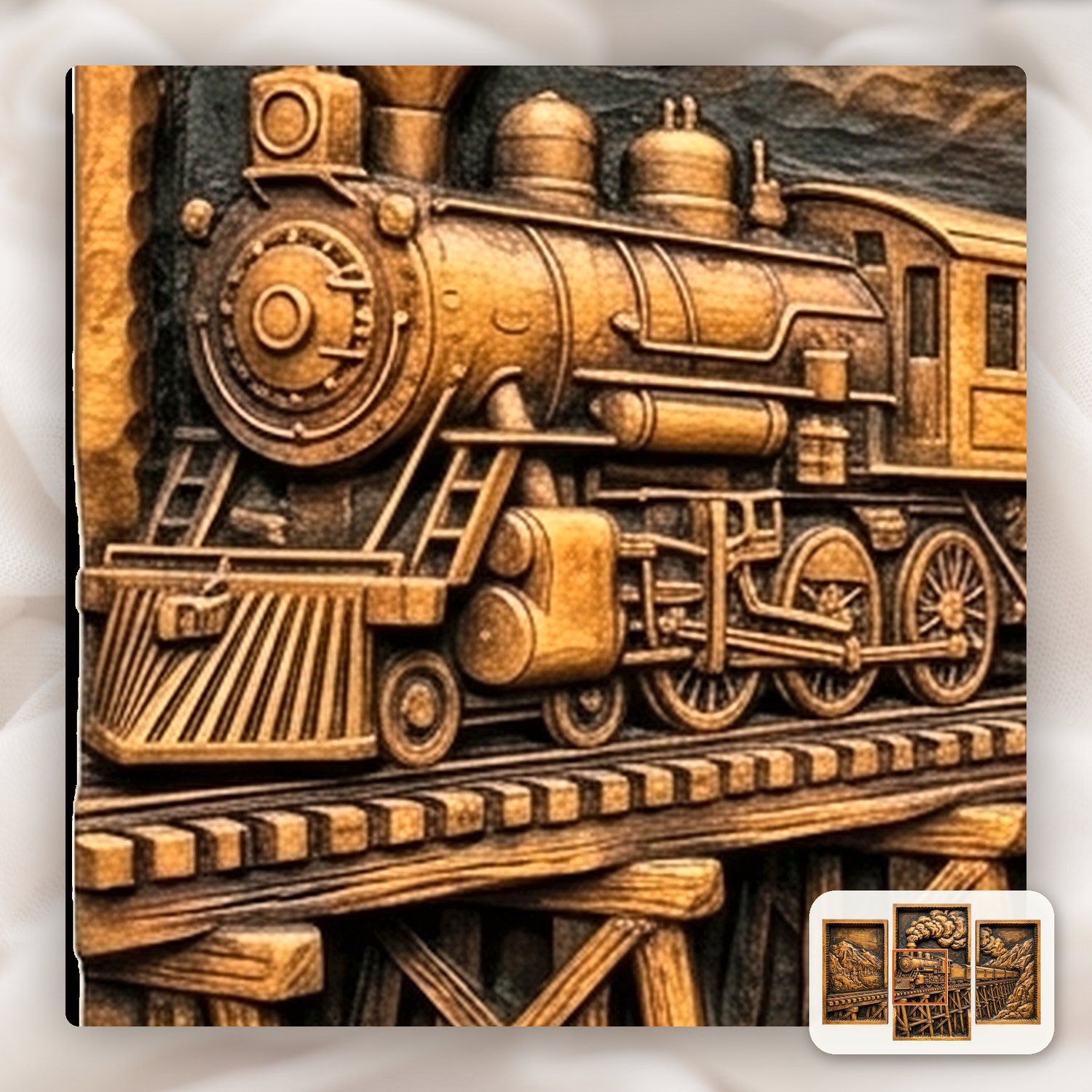 Vintage Steam Train Mountain Trestle Decor Panels 3 Stepped Vertical CNC Relief STL bas-relief STL — view 10