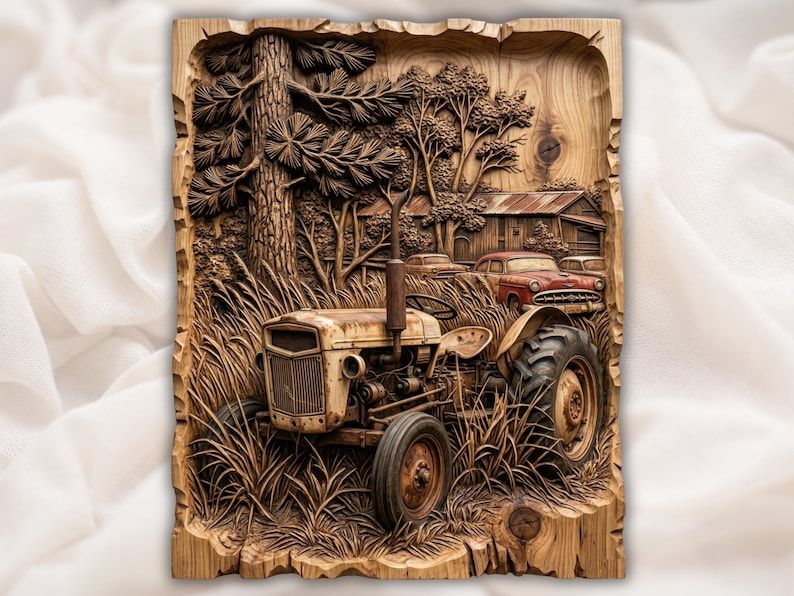 Carved wood bas-relief of a rusty vintage tractor in tall grass with an old barn, red car, and pine trees behind.