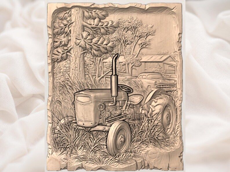 Abandoned Vintage Tractor and Barn Farm Scene Bas-Relief STL bas-relief STL — view 3