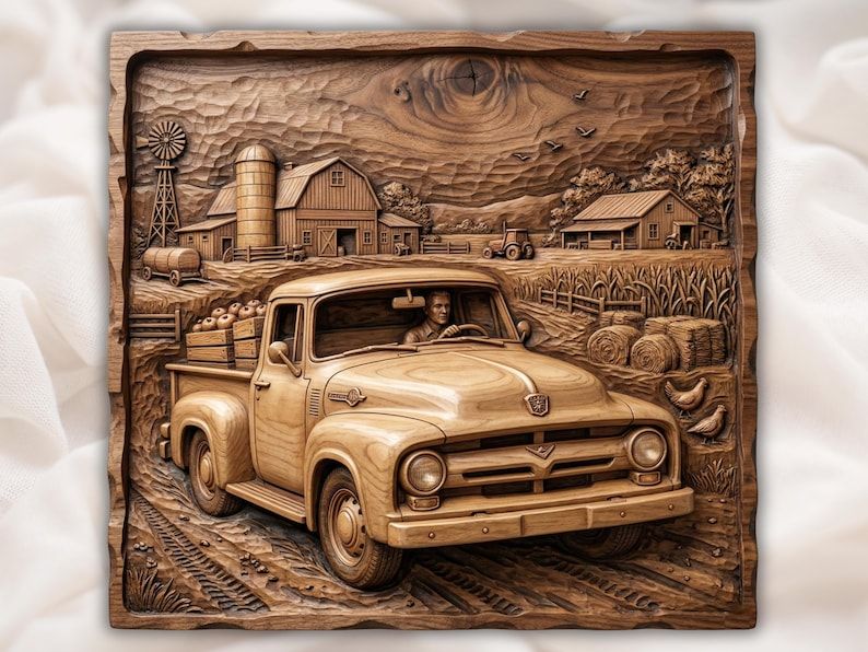 Carved wood relief of a vintage pickup truck driving past a barn, silo, windmill, hay bales, and chickens.