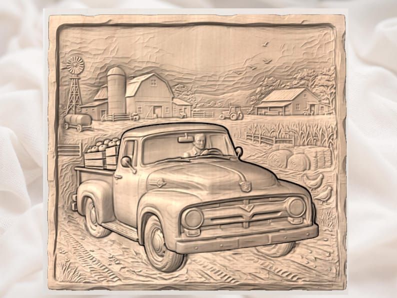 Vintage Pickup Truck on the Farm Bas-Relief STL Carving bas-relief STL — view 3