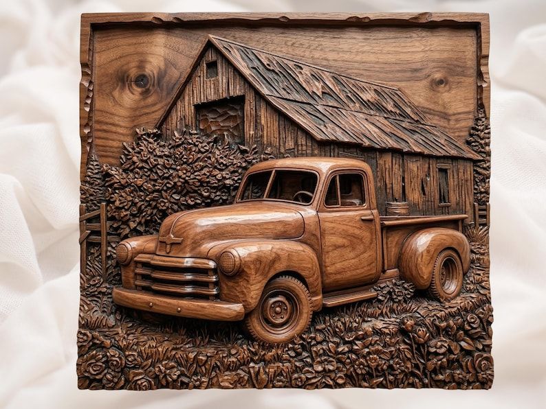 Carved bas-relief of a vintage pickup truck parked in front of a weathered barn surrounded by roses