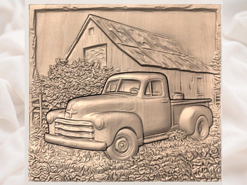Classic Pickup Truck and Old Barn Bas-Relief STL bas-relief STL — view 2