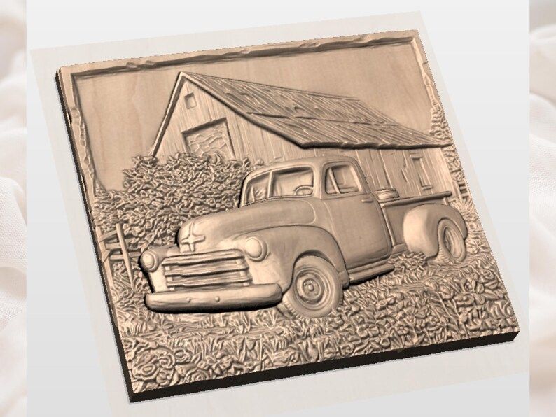 Classic Pickup Truck and Old Barn Bas-Relief STL bas-relief STL — view 3