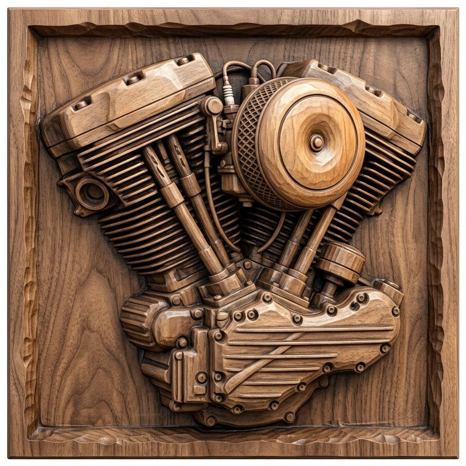 Vintage V-Twin Motorcycle Engine Wall Art | Industrial Mechanical Relief Panel | Custom Garage Workshop Decor | Biker Gifts Wood Carving — carved bas relief STL file for CNC