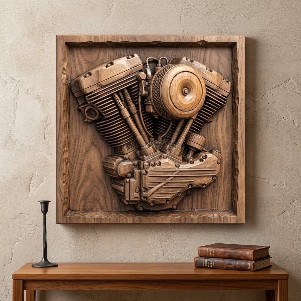 Vintage V-Twin Motorcycle Engine Wall Art bas-relief STL — view 6