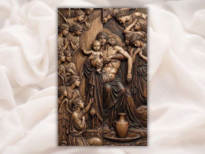 Wood bas-relief of Mary holding Christ and a child, surrounded by angels with a clay vessel below.