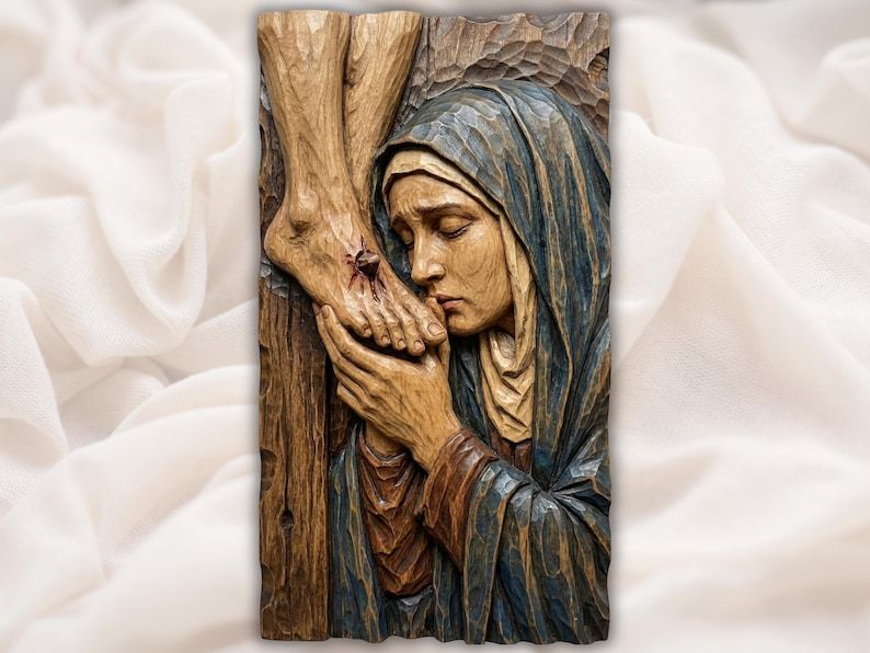 Bas-relief carving of the Virgin Mary kissing the wounded feet of Christ on the cross, in colored wood