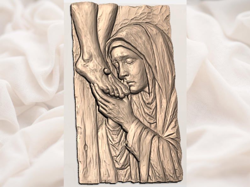 Sorrowful Mary Kissing the Wounded Feet of Christ Relief STL bas-relief STL — view 2
