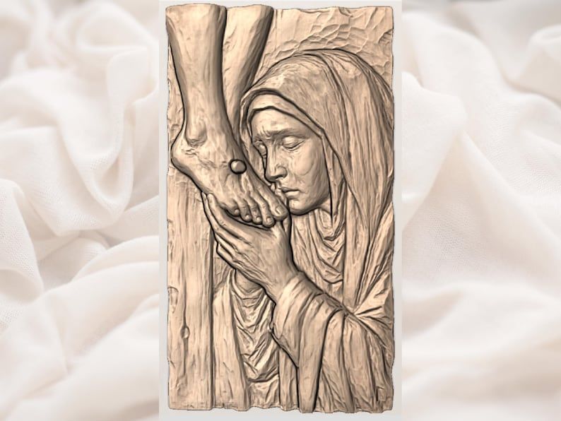 Sorrowful Mary Kissing the Wounded Feet of Christ Relief STL bas-relief STL — view 3