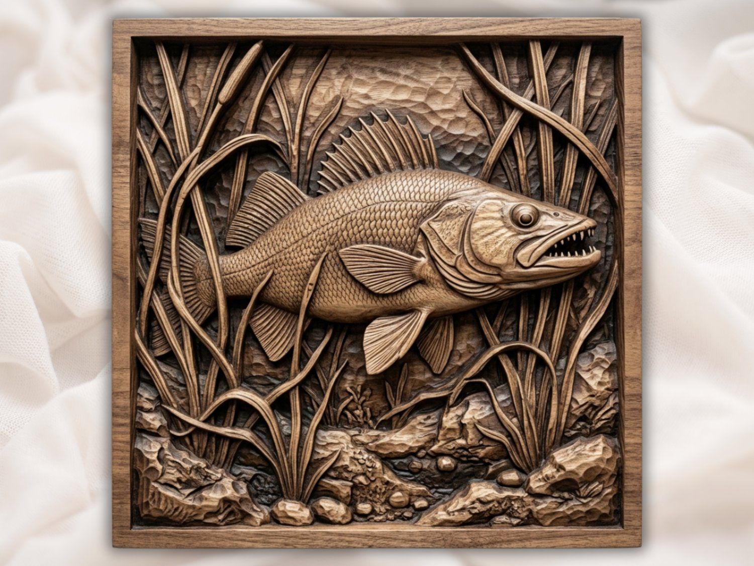 Walleye Fish In Reeds Wildlife Scene CNC Relief STL | Freshwater Angler Wall Art Panel | Rustic Cabin Woodworking Decor — carved bas relief STL file for CNC