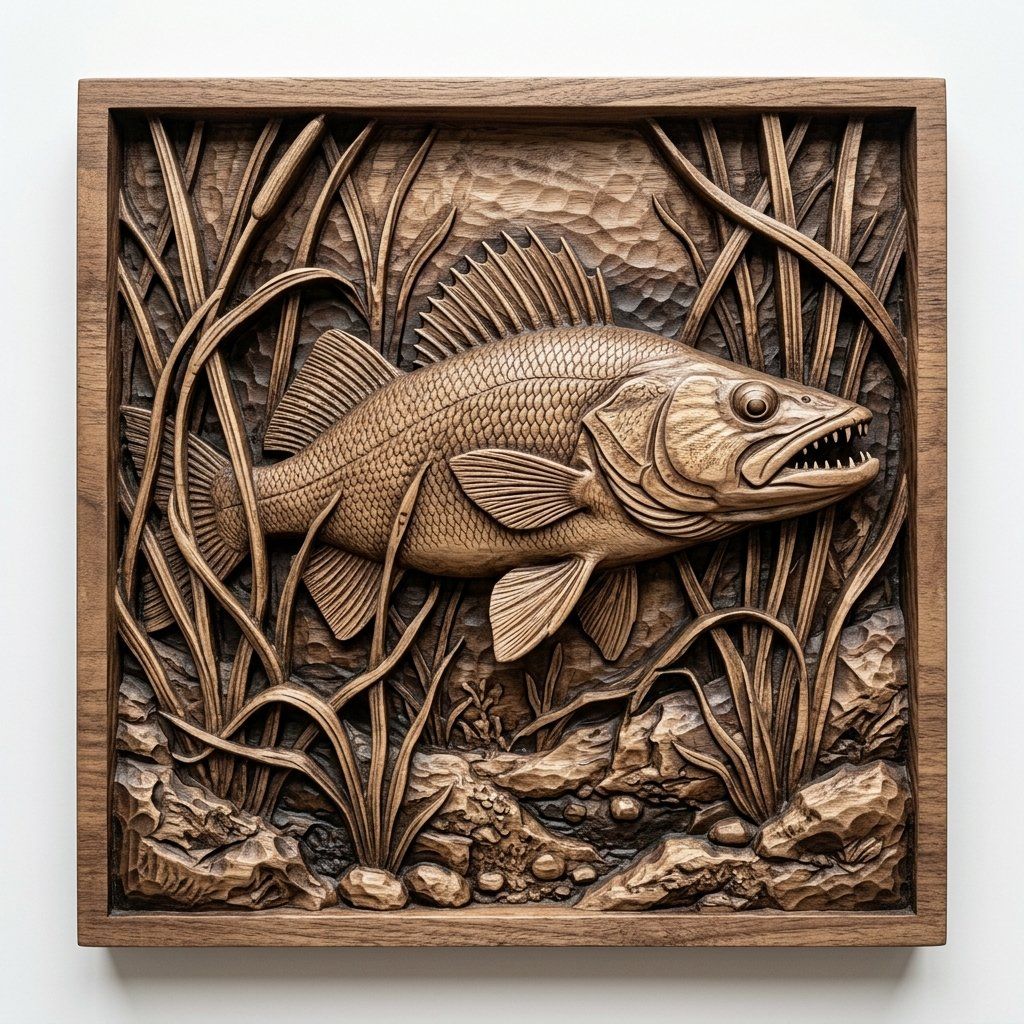 Walleye Fish In Reeds Wildlife Scene CNC Relief STL bas-relief STL — view 2