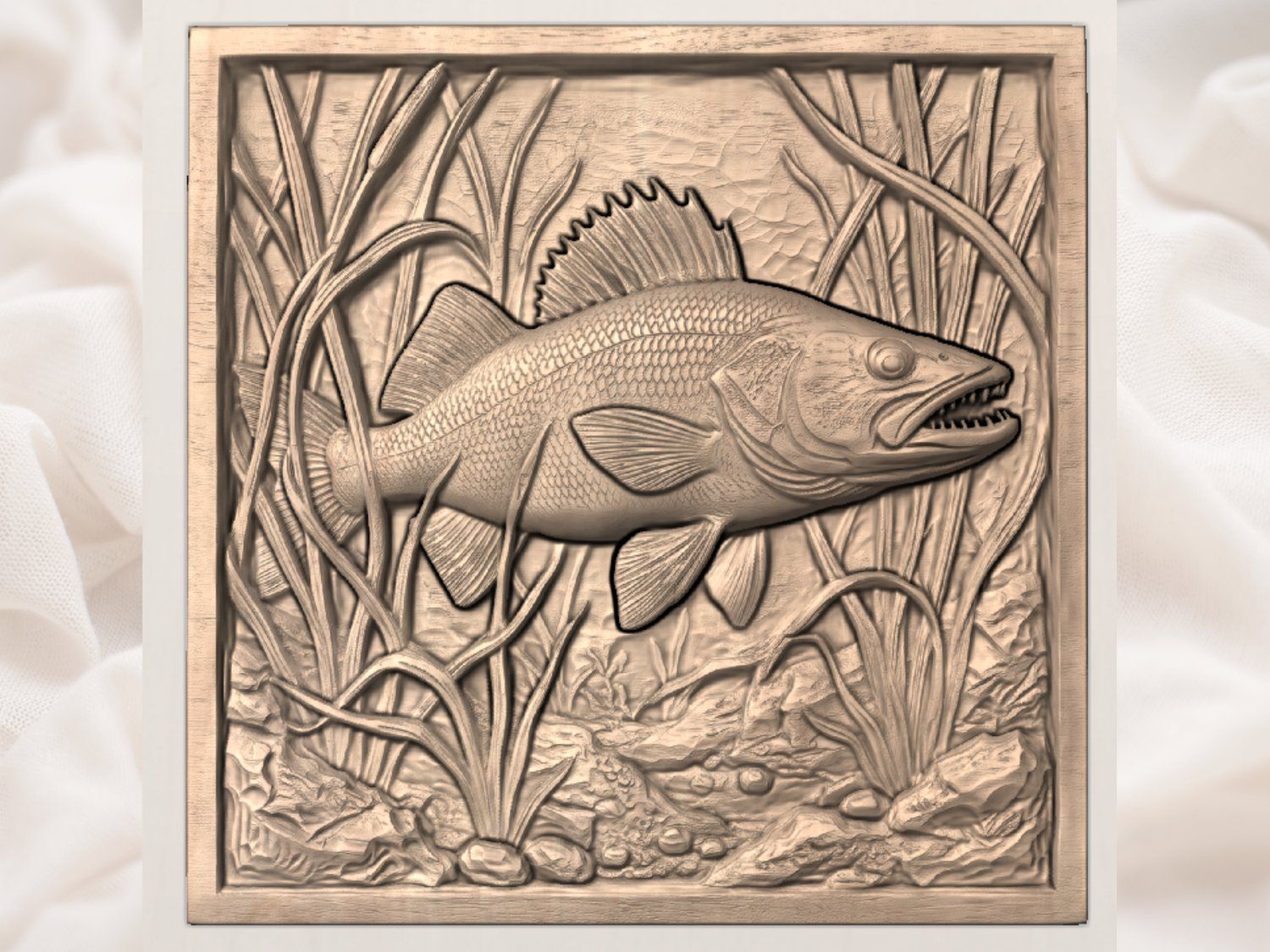 Walleye Fish In Reeds Wildlife Scene CNC Relief STL bas-relief STL — view 3