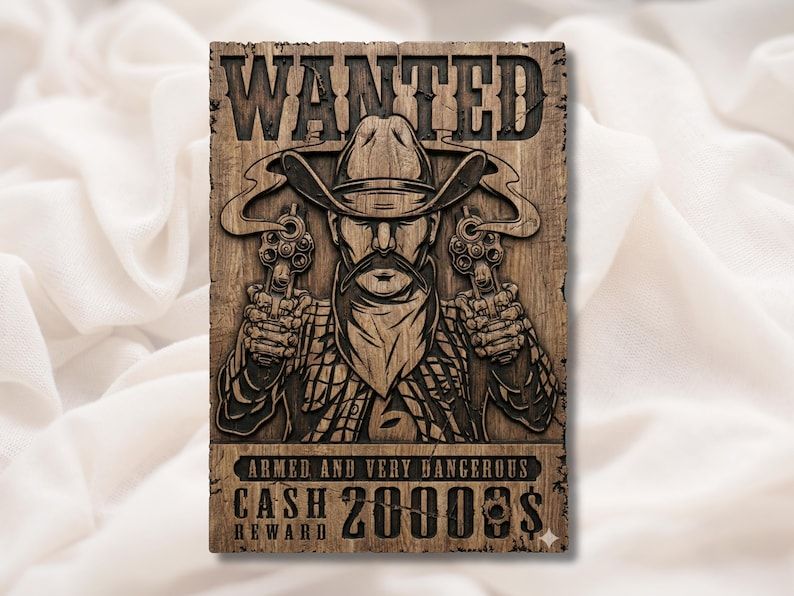 Carved wood Wanted poster of a masked cowboy outlaw aiming two revolvers, with cash reward text below.