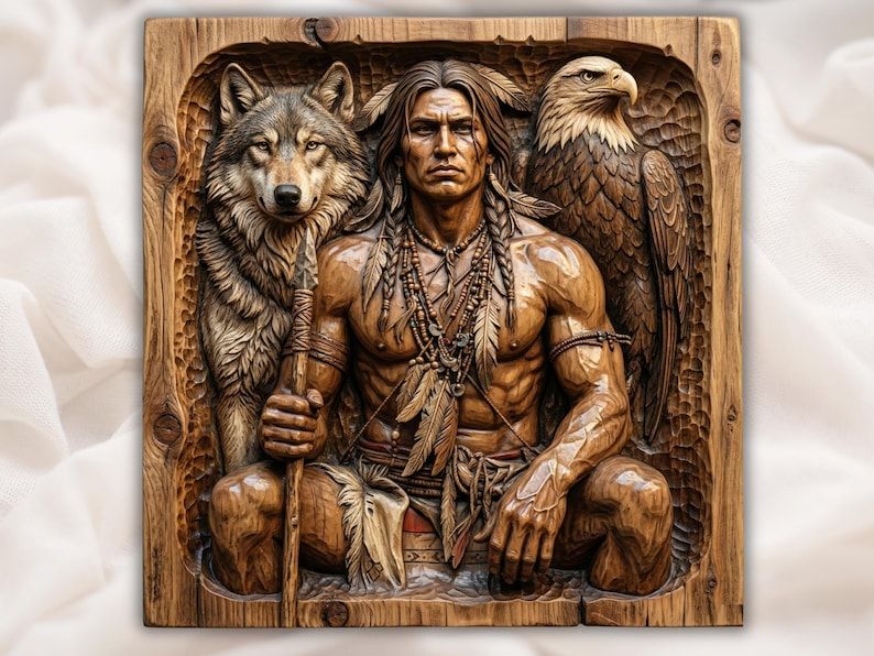 Carved bas-relief of a seated Native warrior with spear, a wolf at left and a bald eagle at right.
