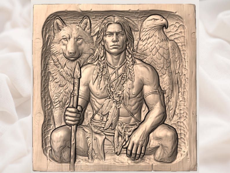 Native Warrior with Wolf and Eagle Bas-Relief STL bas-relief STL — view 2