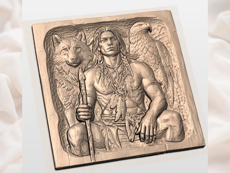 Native Warrior with Wolf and Eagle Bas-Relief STL bas-relief STL — view 3