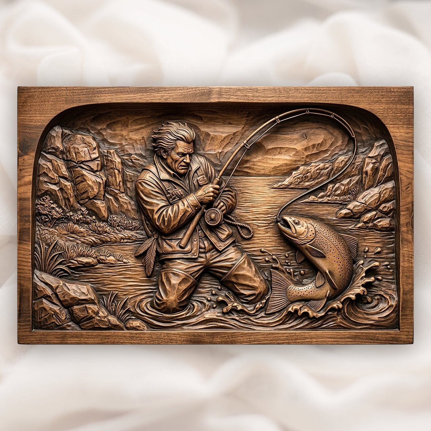 Weathered Angler Trout Fishing CNC Relief STL bas-relief STL design