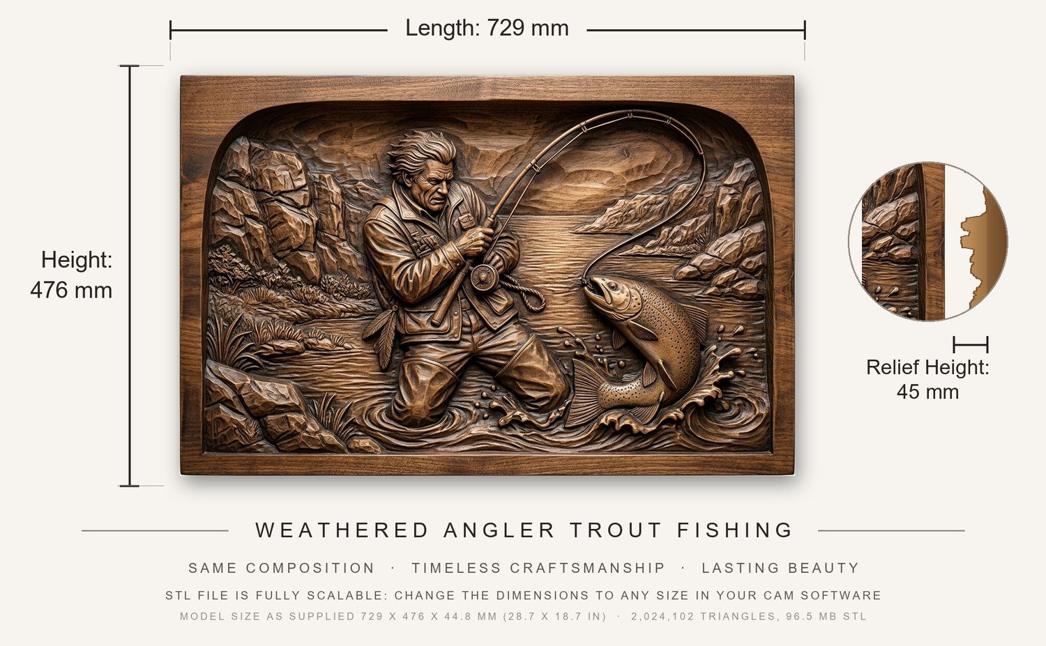 Weathered Angler Trout Fishing CNC Relief STL bas-relief STL — view 3