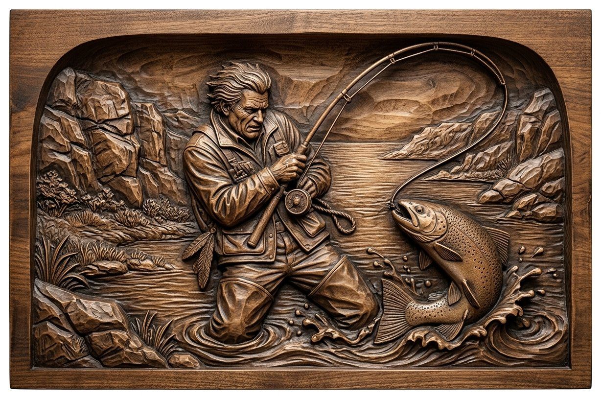 Weathered Angler Trout Fishing CNC Relief STL bas-relief STL — view 14
