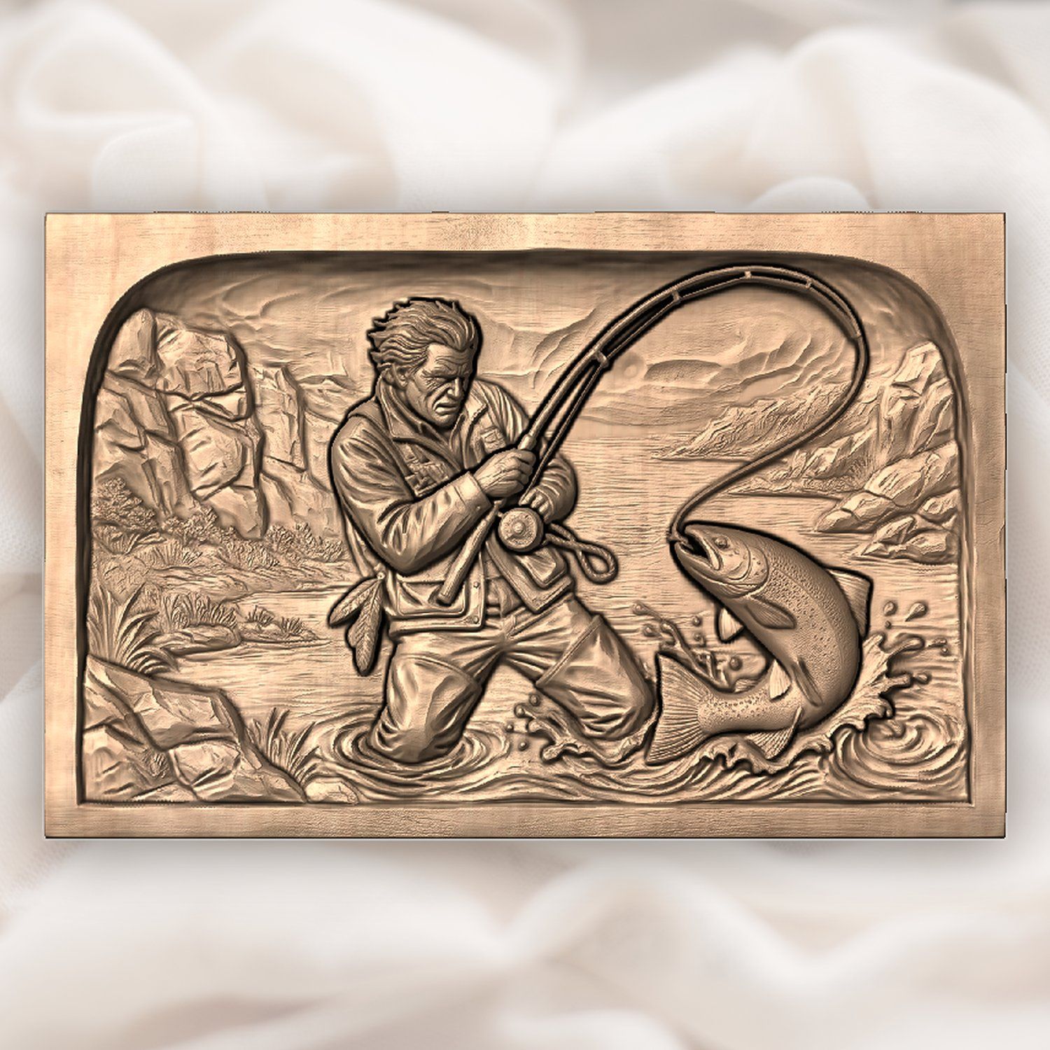 Weathered Angler Trout Fishing CNC Relief STL bas-relief STL — view 4