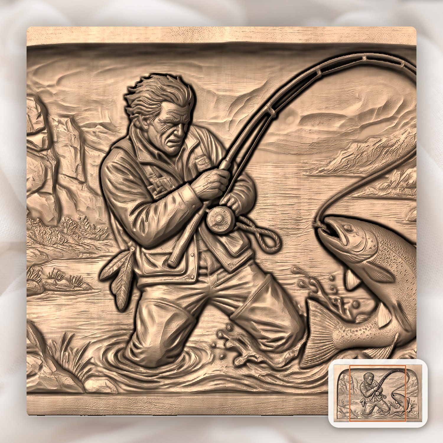 Weathered Angler Trout Fishing CNC Relief STL bas-relief STL — view 6