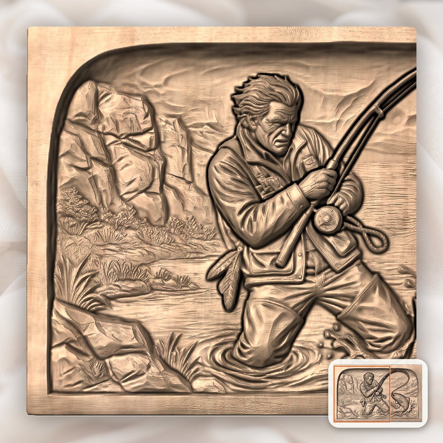 Weathered Angler Trout Fishing CNC Relief STL bas-relief STL — view 7