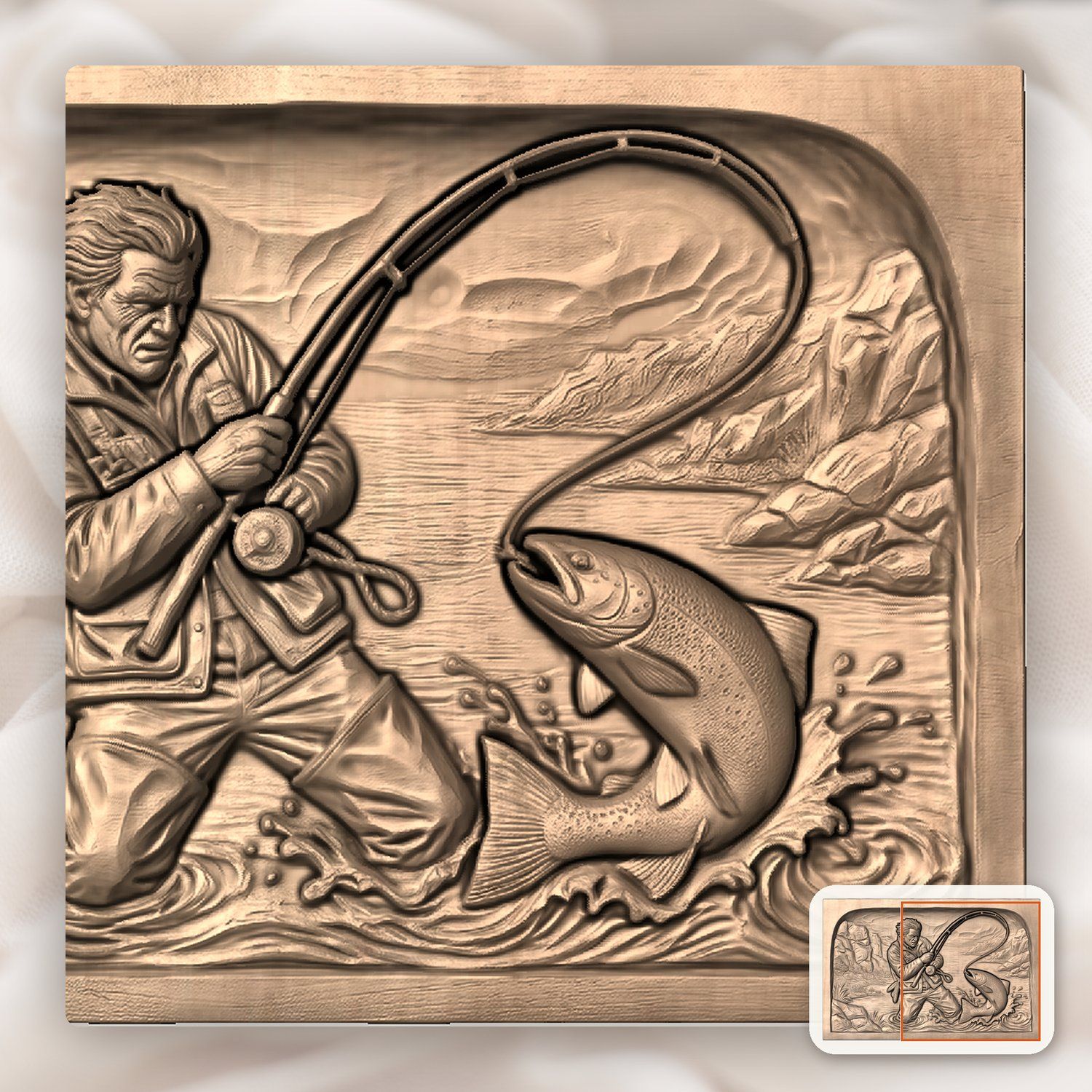 Weathered Angler Trout Fishing CNC Relief STL bas-relief STL — view 8