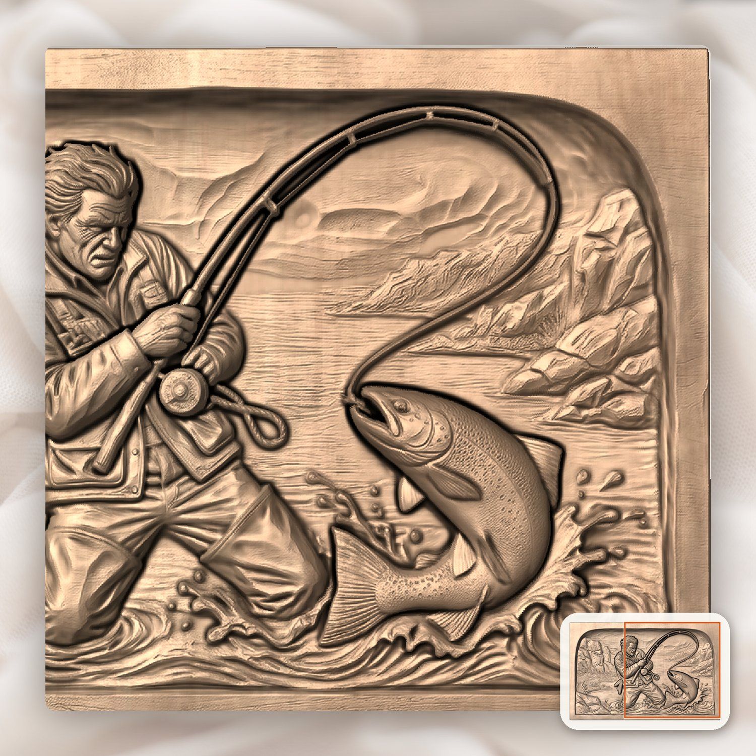Weathered Angler Trout Fishing CNC Relief STL bas-relief STL — view 9