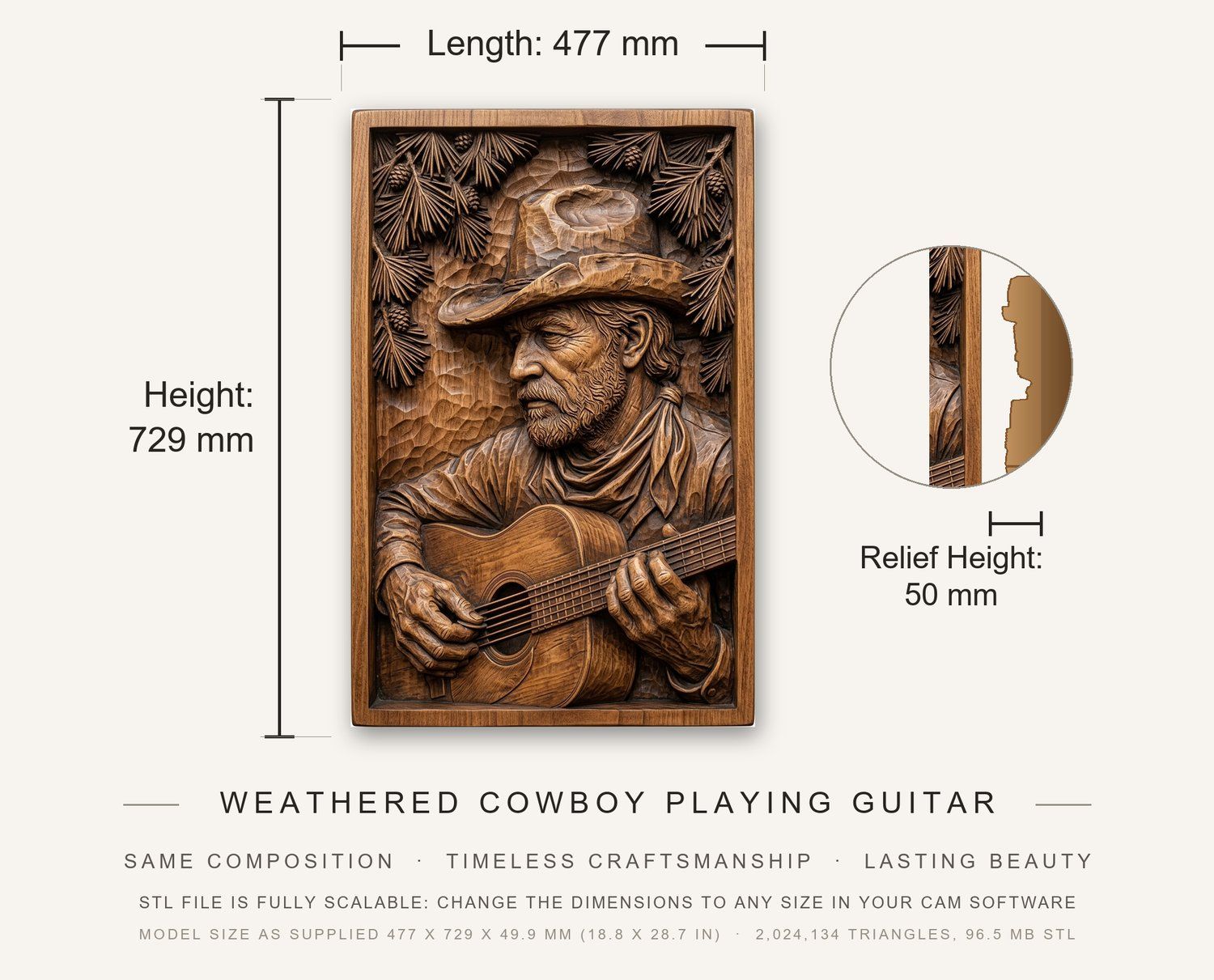 Weathered Cowboy Playing Guitar CNC Relief STL bas-relief STL — view 3