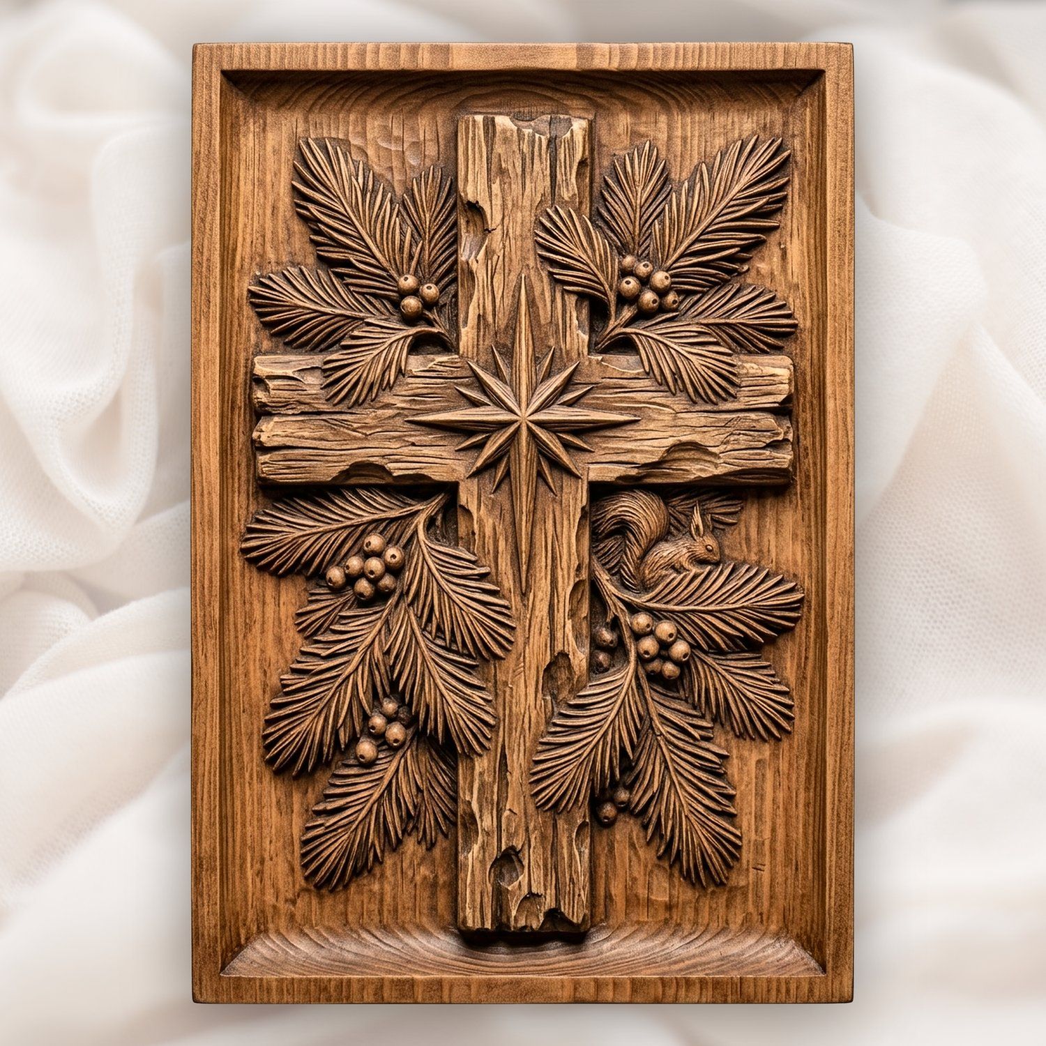Weathered Cross Nativity Star CNC Relief STL | Rustic Christmas Wood Carving Design | Christian Wall Art Panel — carved bas relief STL file for CNC