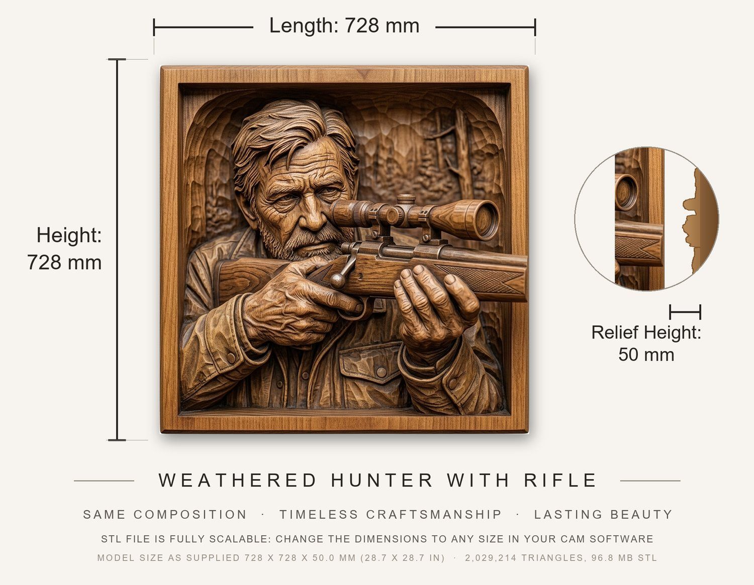 Weathered Hunter With Rifle CNC Relief STL bas-relief STL — view 3