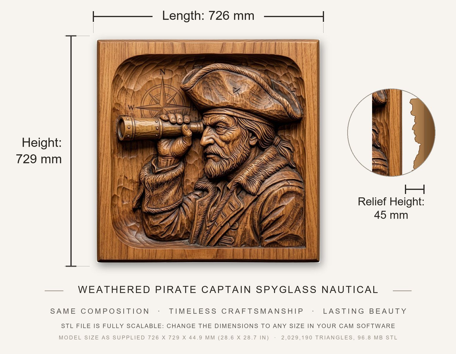 Weathered Pirate Captain Spyglass Nautical CNC Relief STL bas-relief STL — view 3