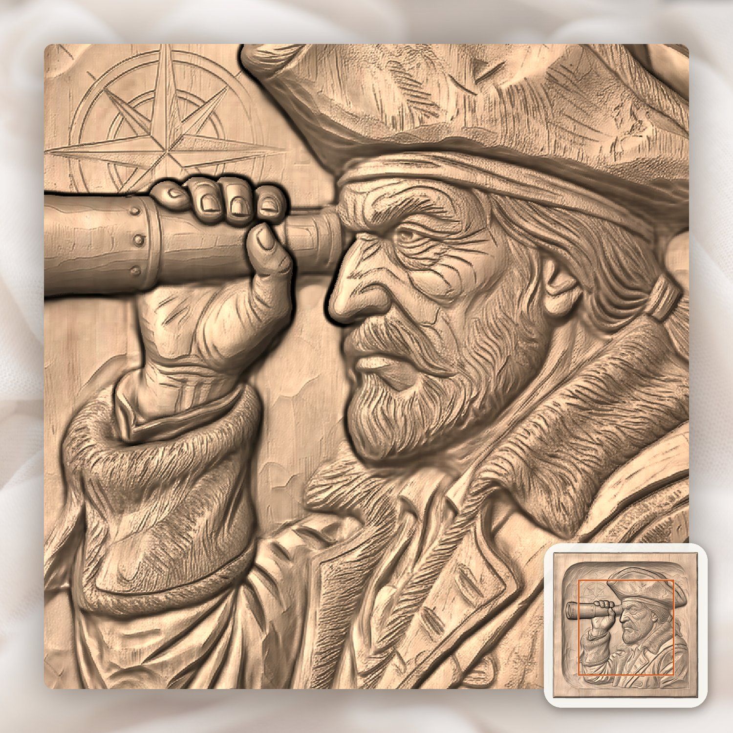 Weathered Pirate Captain Spyglass Nautical CNC Relief STL bas-relief STL — view 6