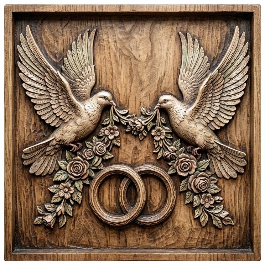 Wedding Anniversary Doves Wall Decor | Interlocking Rings Floral Panel | Romantic Wood Carving Design | CNC Router Art | Aspire VCarve — carved bas relief STL file for CNC