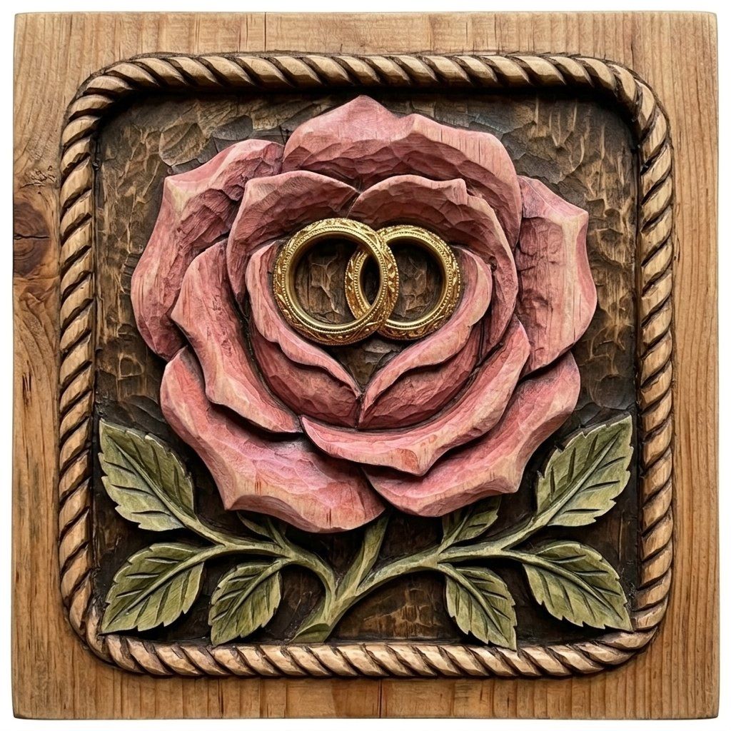 Wedding Anniversary Rose Wall Art | Intertwined Rings Decor Panel | Romantic Floral Wood Carving | Forever Love Keepsake Design — carved bas relief STL file for CNC