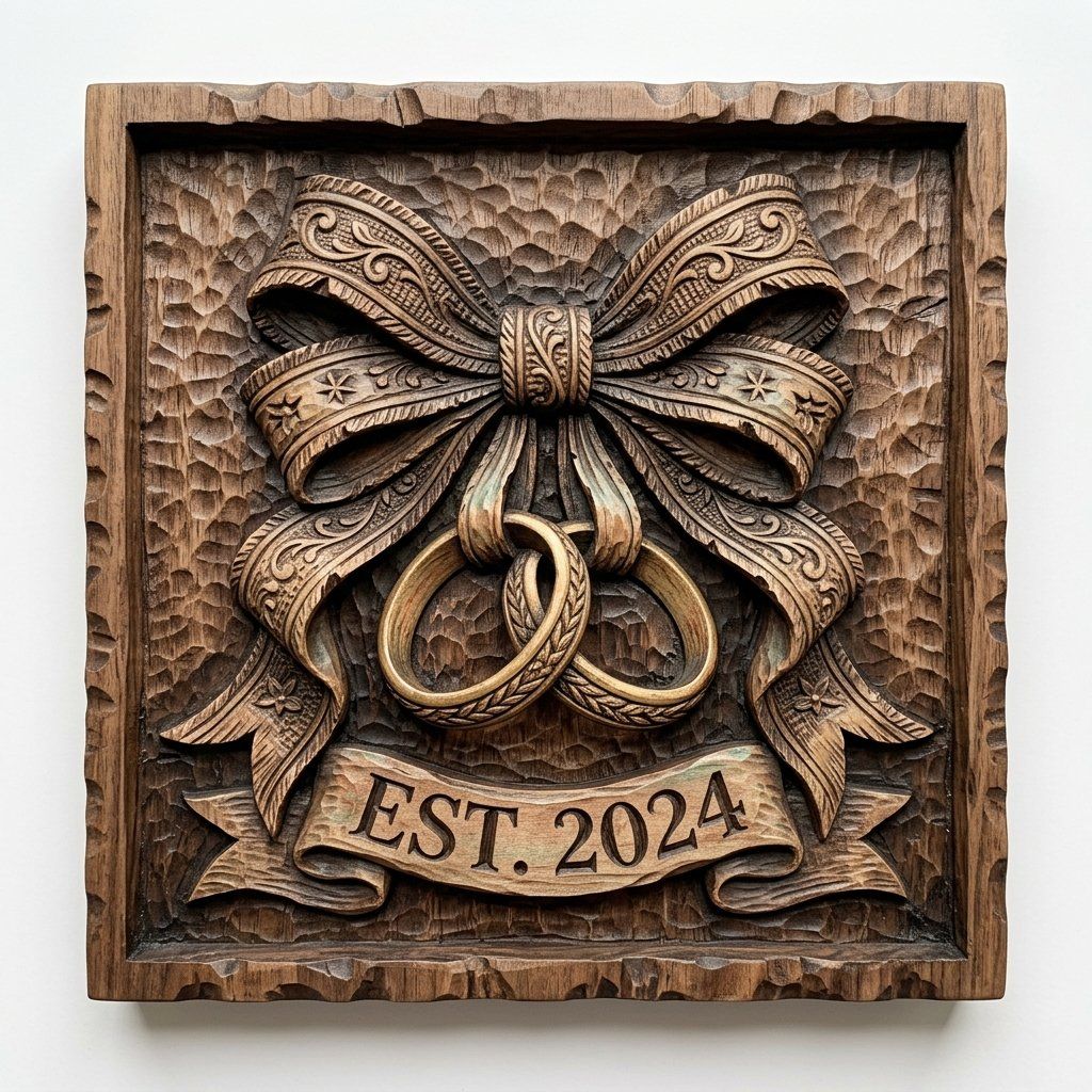 Wedding Rings Bow Scroll CNC Relief STL | Anniversary Marriage Wall Art | Ornate Wood Carving Design — carved bas relief STL file for CNC
