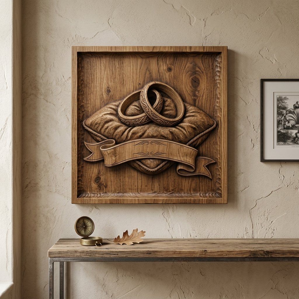 Wedding Rings on Cushion Marriage Anniversary CNC Relief STL bas-relief STL — view 14