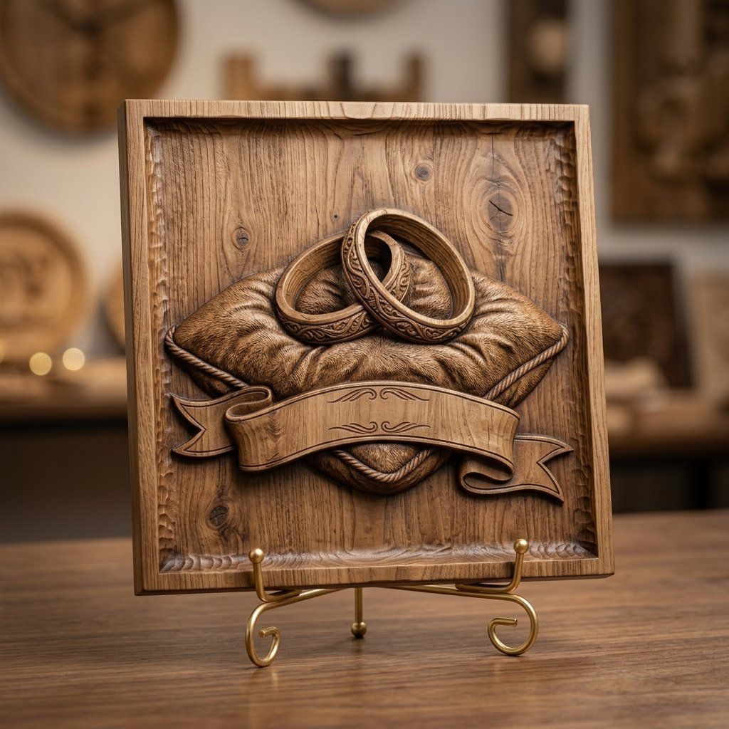 Wedding Rings on Cushion Marriage Anniversary CNC Relief STL bas-relief STL — view 15