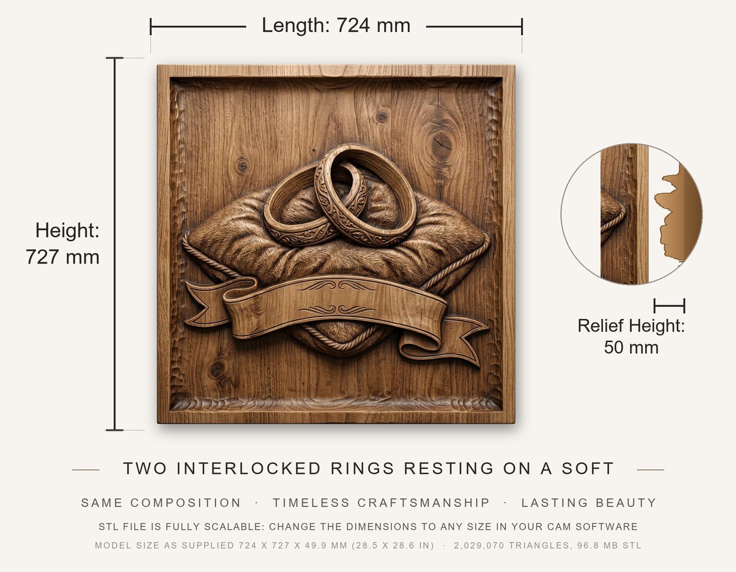 Wedding Rings on Cushion Marriage Anniversary CNC Relief STL bas-relief STL — view 3