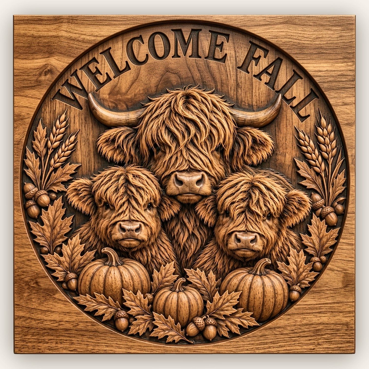 Welcome Fall Highland Cow Pumpkin CNC Relief STL bas-relief STL design