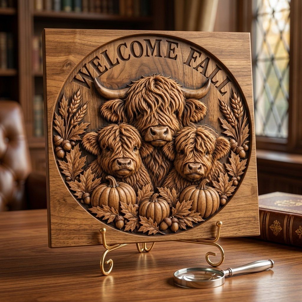Welcome Fall Highland Cow Pumpkin CNC Relief STL bas-relief STL — view 7