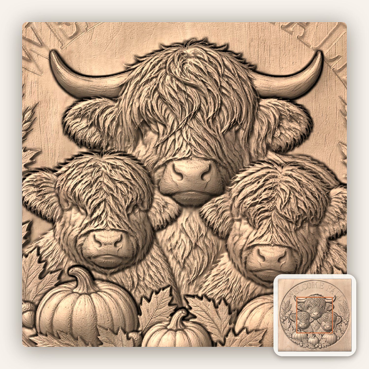Welcome Fall Highland Cow Pumpkin CNC Relief STL bas-relief STL — view 5