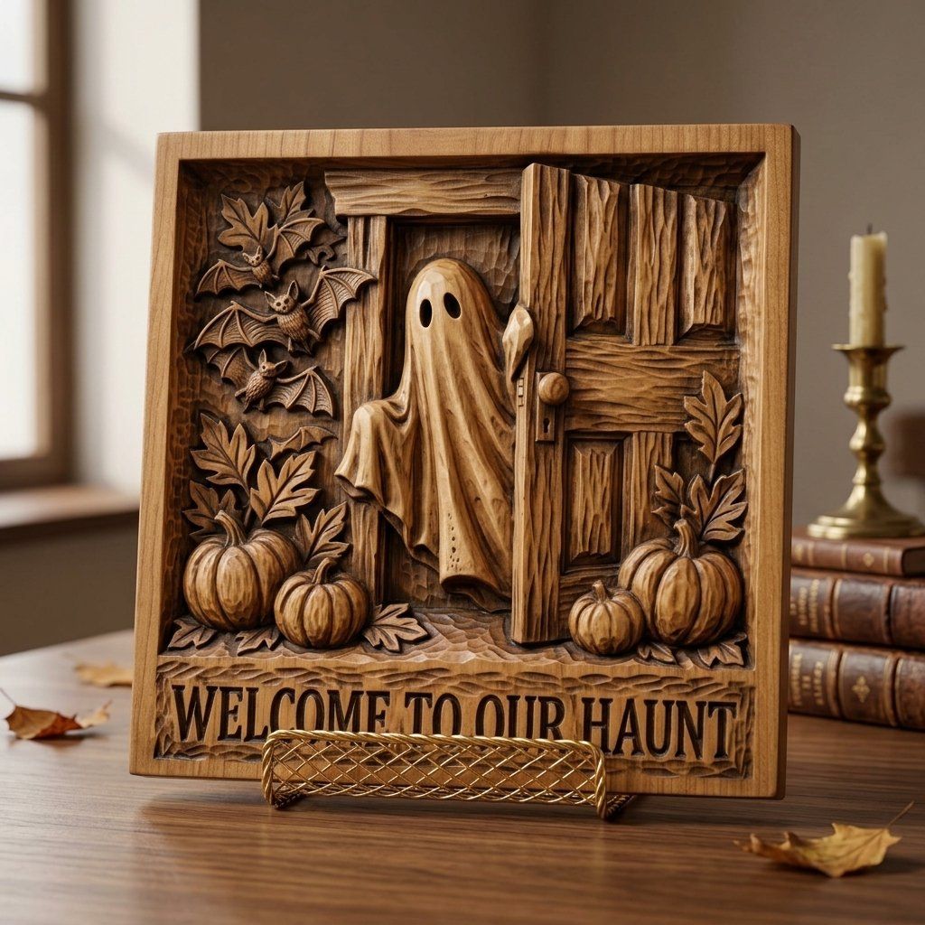 Welcome Haunted Halloween Ghost CNC Relief STL bas-relief STL — view 3