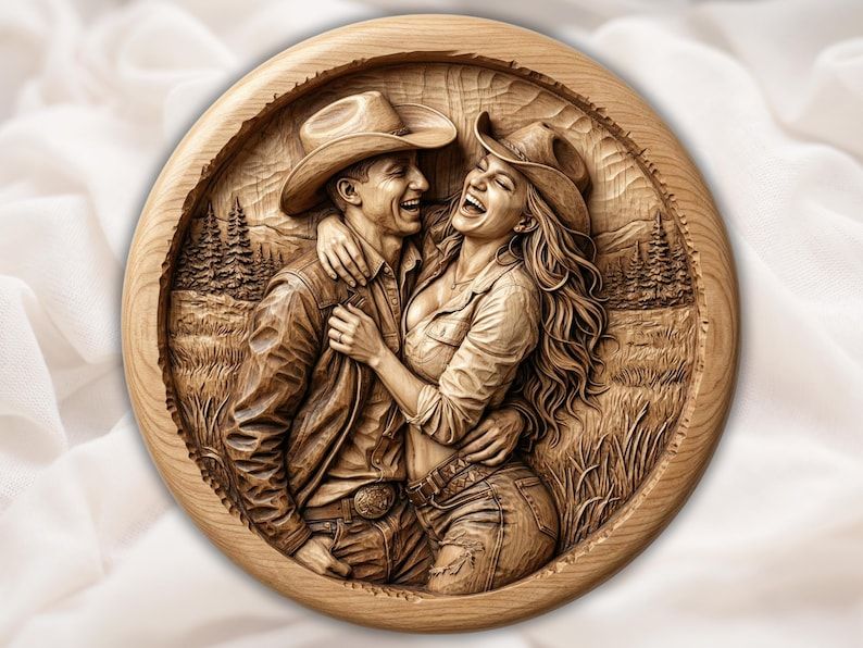 Round wood bas-relief of a laughing cowboy and cowgirl embracing in front of pine trees and a meadow.